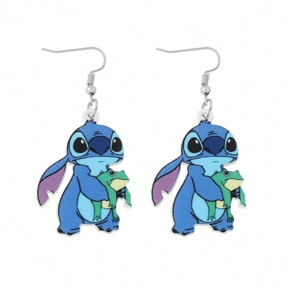 Blue Stitch from Disney with green frog dangle drop earrings for women or girls